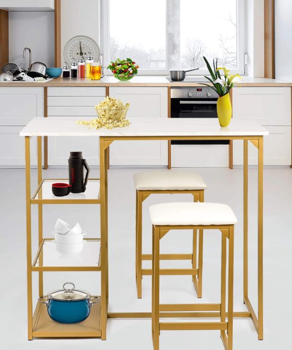 BAHOM 3 Piece Bar Table Set, Bistro Restaurant Dining Table Set with 2 Bar Stools for Home, Kitchen, Bar - Golden