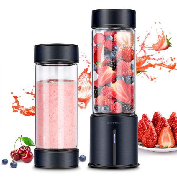 REDMOND Portable Blender 5000mAh USB Rechargeable Smoothie Blender with 16oz Glass Bottle Stainless Steel Shell for Smoothie Milk Shake Mini Travel Size - Black