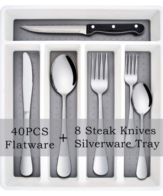 49-Piece Silverware Set with Flatware Drawer Organizer, Stainless Steel Cutlery Set with 8 Steak Knives, Eating Utensils Set Service for 8, Mirror Polished, Dishwasher Safe - Silver
