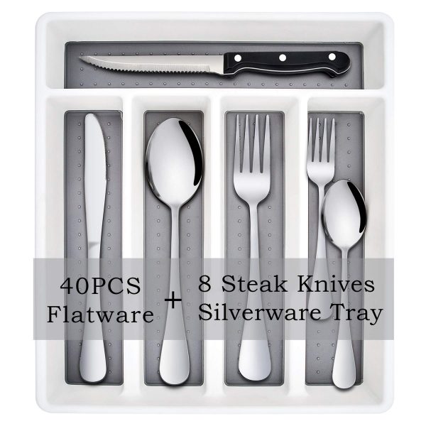 49-Piece Silverware Set with Flatware Drawer Organizer, Stainless Steel Cutlery Set with 8 Steak Knives, Eating Utensils Set Service for 8, Mirror Polished, Dishwasher Safe - Silver