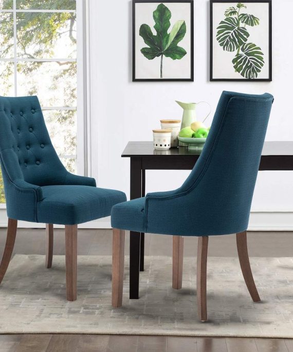 Rhomtree Linen Fabric Dining Chairs Luxury Tufted Back Home Kitchen Dining Room Chairs Armless Accent Side Chairs Solid Rubber Wood Legs, Set of 2 (Blue)