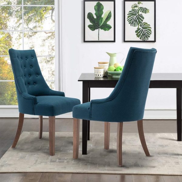 Rhomtree Linen Fabric Dining Chairs Luxury Tufted Back Home Kitchen Dining Room Chairs Armless Accent Side Chairs Solid Rubber Wood Legs, Set of 2 (Blue)
