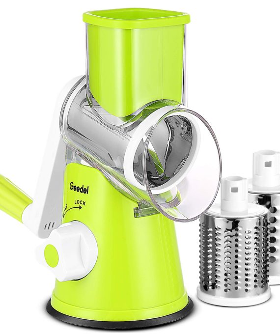 Geedel Rotary Cheese Grater, Kitchen Mandoline Vegetable Slicer with 3 Interchangeable Blades, Easy to Clean Rotary Grater Slicer for Fruit, Vegetables, Nuts
