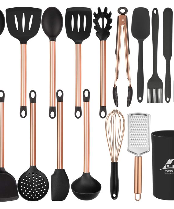 MIBOTE 17Pcs Kitchen Utensils Set with Holder, Silicone Cooking Kitchen Utensils Set with Stainless Steel Handle - Copper