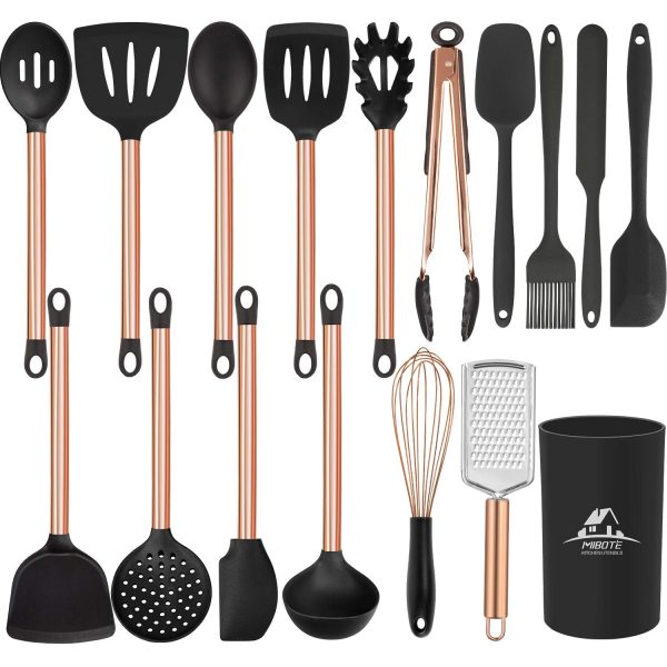 MIBOTE 17Pcs Kitchen Utensils Set with Holder, Silicone Cooking Kitchen Utensils Set with Stainless Steel Handle - Copper