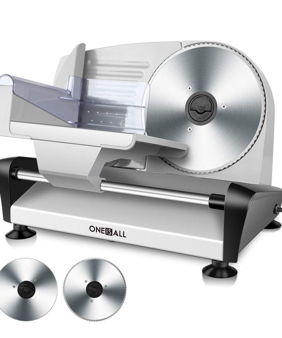 Meat Slicer | Electric Deli Food Slicer Machine with Two 7.5’ Removable Stainless Steel Blade | Food Carriage & Pusher | Cheese Bread Fruit Vegetable Cutter | Adjustable Thickness Dial | Non-Slip Feet