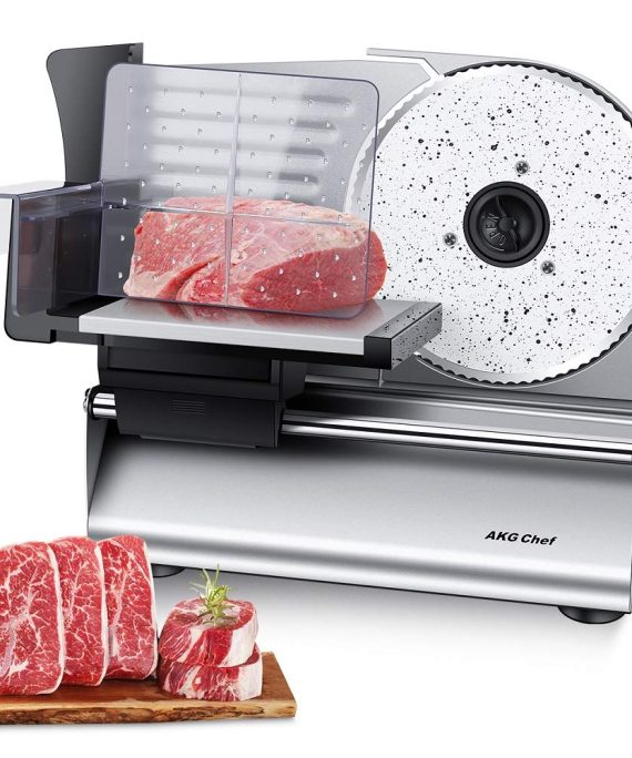 AKG Chef Electric Food Slicer, Precision 7.5” ceramic coated Stainless Steel Blade For Various Food, Powerful 180 Watt motor, Anti Slip feet,Silver