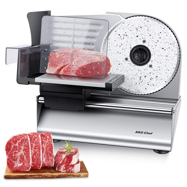 AKG Chef Electric Food Slicer, Precision 7.5” ceramic coated Stainless Steel Blade For Various Food, Powerful 180 Watt motor, Anti Slip feet,Silver