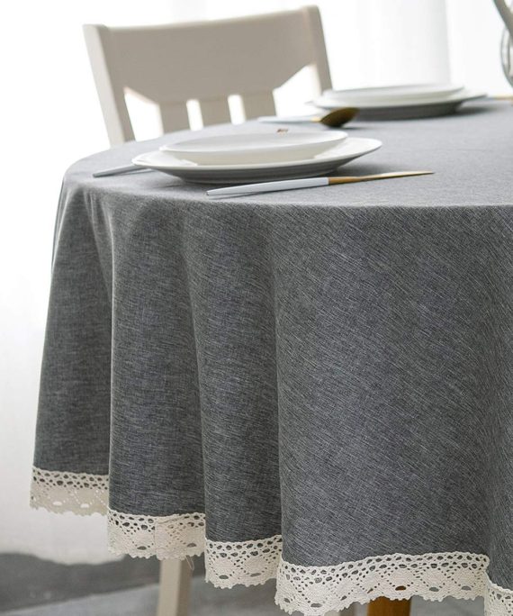 EHouseHome Faux Linen Tablecloth with Lace Trim - Waterproof/Spill Proof/Stain Resistant/Wrinkle Free/Oil Proof - for Banquet, Parties, Dinner,Kitchen,Wedding,Coffee,Holiday,Grey Round 70Inch