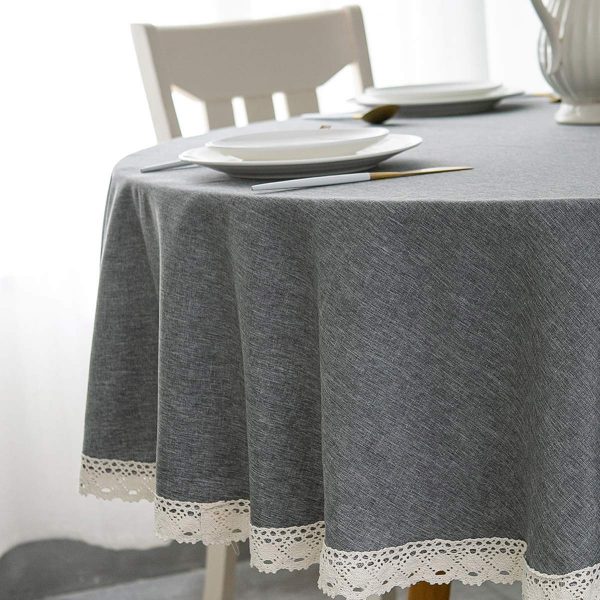 EHouseHome Faux Linen Tablecloth with Lace Trim - Waterproof/Spill Proof/Stain Resistant/Wrinkle Free/Oil Proof - for Banquet, Parties, Dinner,Kitchen,Wedding,Coffee,Holiday,Grey Round 70Inch
