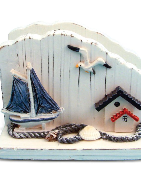 Puzzled White Wooden Sailboat Napkin Holder, 5 Inch Intricate & Meticulous Tropical Wood Art Handmade Tabletop Paper Towel Tissue Organizer Nautical Beach Themed Bar Supply Home & Kitchen Accessory