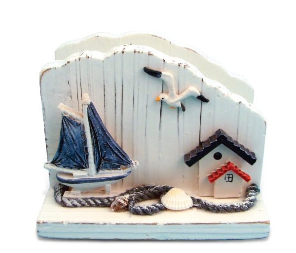 Puzzled White Wooden Sailboat Napkin Holder, 5 Inch Intricate & Meticulous Tropical Wood Art Handmade Tabletop Paper Towel Tissue Organizer Nautical Beach Themed Bar Supply Home & Kitchen Accessory