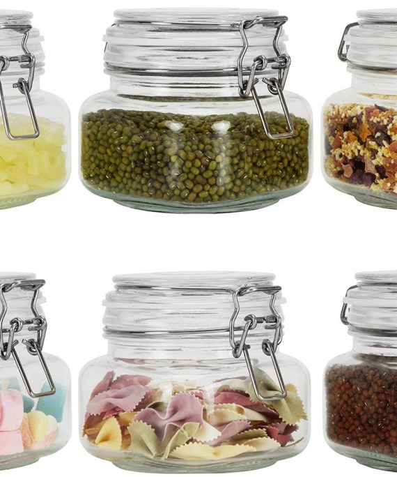 Nicunom Airtight Glass Canister Set of 6 with Lids, 17oz Clear Glass Kitchen Storage Canister Mason Jars with Airtight Bail & Trigger Hermetic Seal for Kitchen Canning Cereal, Pasta, Sugar, Beans