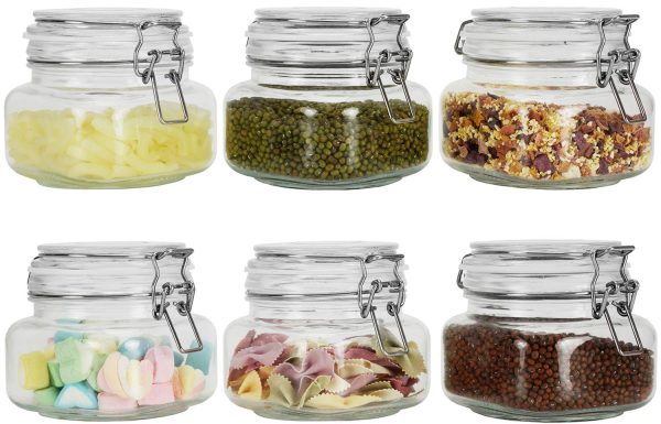 Nicunom Airtight Glass Canister Set of 6 with Lids, 17oz Clear Glass Kitchen Storage Canister Mason Jars with Airtight Bail & Trigger Hermetic Seal for Kitchen Canning Cereal, Pasta, Sugar, Beans