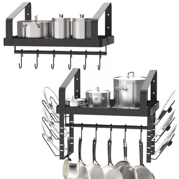 X-cosrack Pot Racks Wall Mounted Set of 2 ,with Towel Bar and Pots Pans Lids Organizer, Kitchen Cookware Hanging Shelves with 12 Hooks, Black