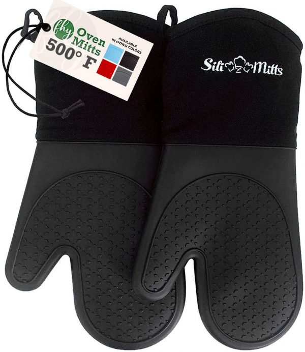 Frux Home and Yard Silicone Oven Mitts Heat Resistant 500 Degrees - 2 Extra Long Silicone Oven Mitt Pot Holders - Food Safe Oven Gloves - BPA Free - Soft Inner Lining - (Black)