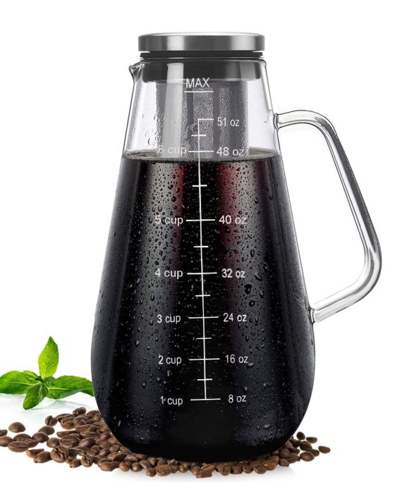Cold Brew Coffee Maker Iced Tea Pitcher Infuser with Airtight Lid and Thick High Borosilicate Glass Carafe, 51oz/1.5L