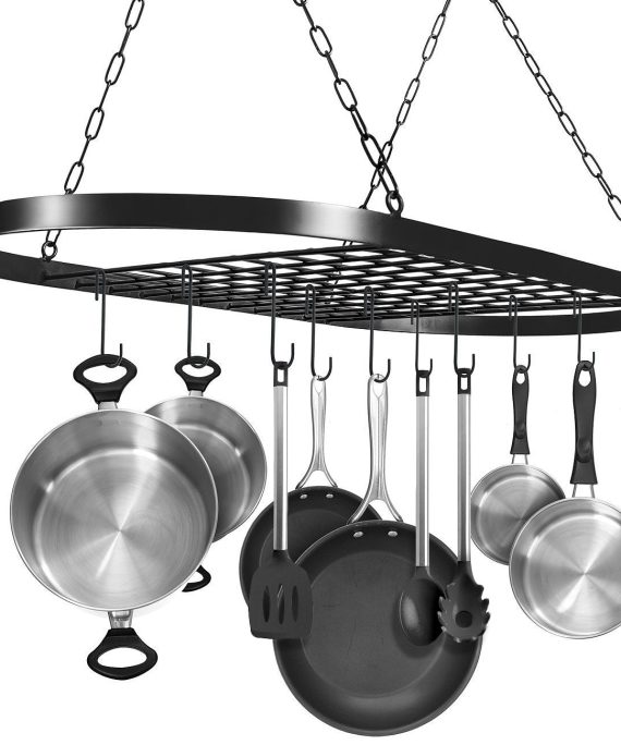 Sorbus Pot and Pan Rack for Ceiling with Hooks — Decorative Oval Mounted Storage Rack — Multi-Purpose Organizer for Home, Restaurant, Kitchen Cookware, Utensils, Books, Household (Hanging Black)