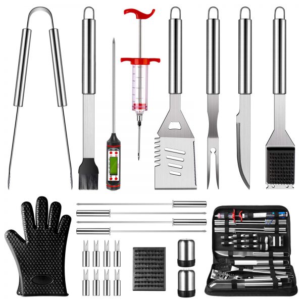 OlarHike BBQ Grilling Accessories Grill Tools Set, 25PCS Stainless Steel Grilling Kit for Smoker, Camping, Kitchen, Barbecue Utensil for Men Women with Thermometer and Meat Injector