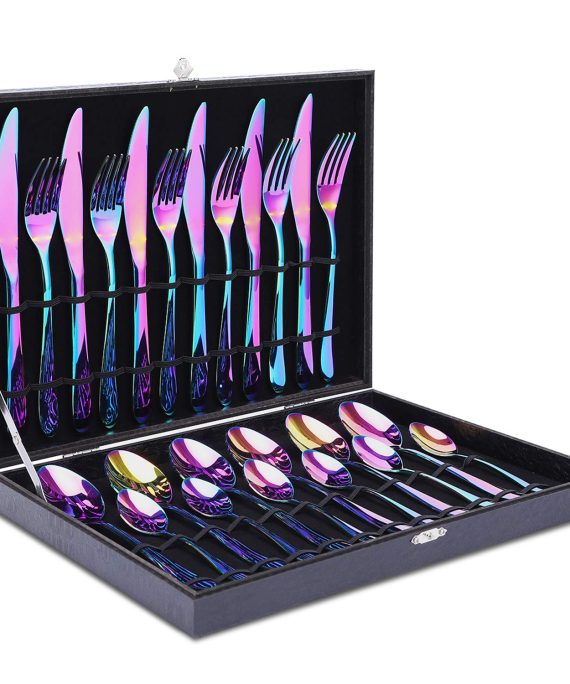 Rainbow Silverware Set with High-grade Wooden Box, HOBO 24-Piece Japan Stainless Steel Flatware Set Service for 6, Tableware Cutlery Include Knife/Fork/Spoon/Teaspoon for Housewarming Gift