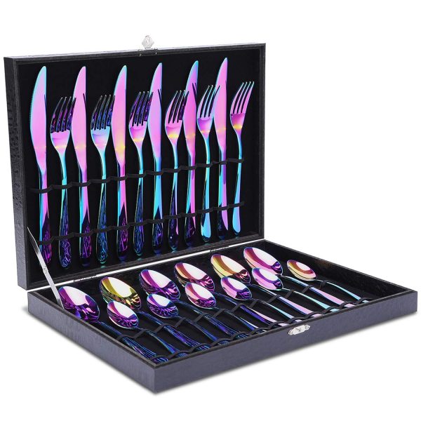 Rainbow Silverware Set with High-grade Wooden Box, HOBO 24-Piece Japan Stainless Steel Flatware Set Service for 6, Tableware Cutlery Include Knife/Fork/Spoon/Teaspoon for Housewarming Gift