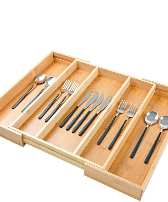 Bamboo Kitchen Drawer Organizer and Utensil Holder Flatware and Silverware with 5 Compartments Expandable Cutlery Tray