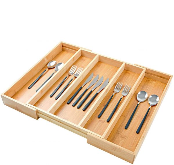 Bamboo Kitchen Drawer Organizer and Utensil Holder Flatware and Silverware with 5 Compartments Expandable Cutlery Tray