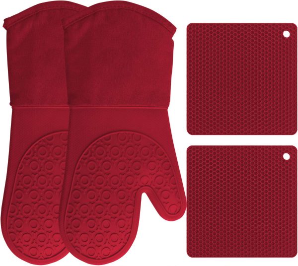 Silicone Oven Mitts and Pot Holders, 4-Piece Set