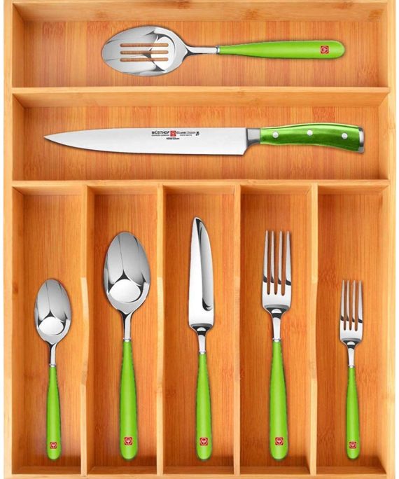 Bamboo Kitchen Drawer Organizer Tray for Flatware - Best Cutlery Tray for Silverware and Kitchen Utensils (7 Slots, Natural)