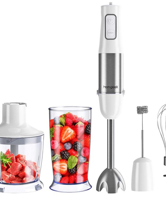 homgeek Immersion Hand Blender, 500W 6-Speed 5-in-1 Stainless Steel Stick Blender with BPA-Free Food Chopper, 600ml Beaker, Egg Beater, Milk Frother