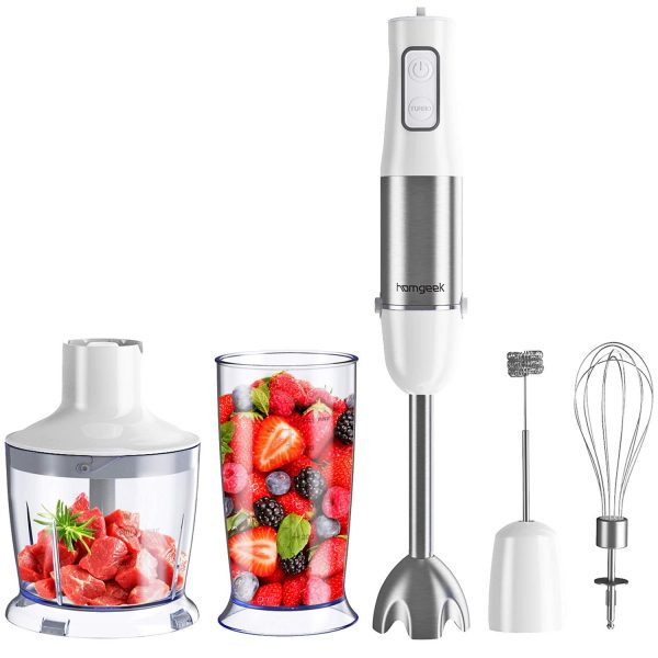 homgeek Immersion Hand Blender, 500W 6-Speed 5-in-1 Stainless Steel Stick Blender with BPA-Free Food Chopper, 600ml Beaker, Egg Beater, Milk Frother
