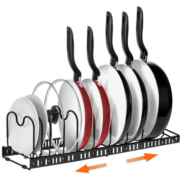 Expandable Pot and Pan Organizers Rack, AHNR 10+ Pans and Pots Lid Organizer Rack Holder, Kitchen Cabinet Pantry Bakeware Organizer Rack Holder with 10 Adjustable Compartments (Black)