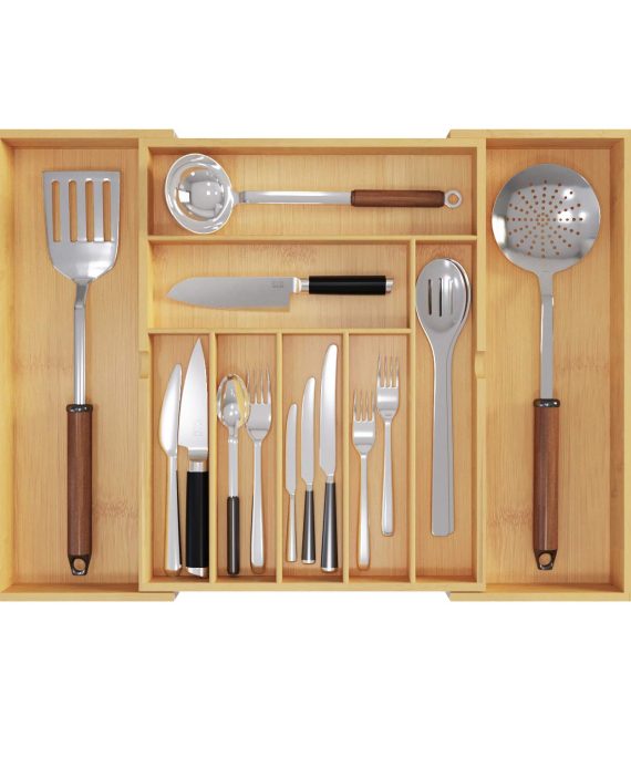BAMEOS Upgraded Utensil Drawer Organizer, Cutlery Tray Desk Drawer Organizer Silverware Holder Kitchen Knives Tray Drawer Organizer, 100% Pure Bamboo Expandable Adjustable Cutlery in Natural Color