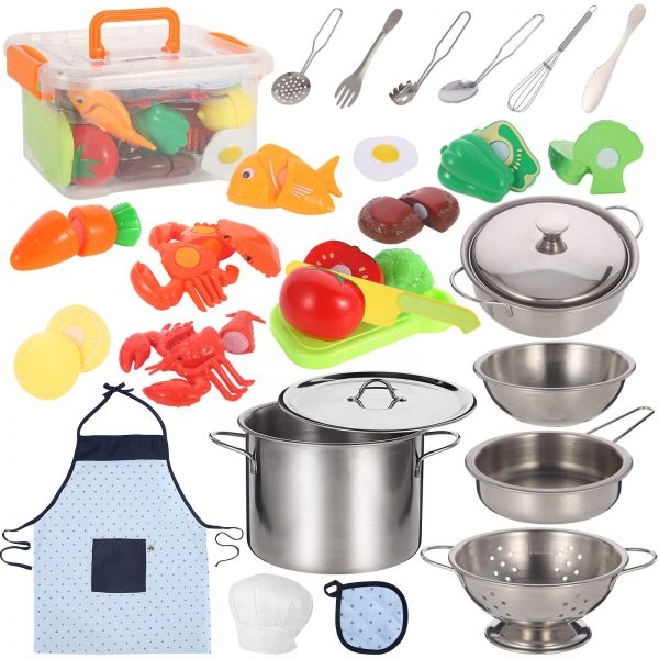 Jogotoll Kitchen Pretend Play Accessories Toys with Stainless Steel Cookware Pots and Pans Set, Cooking Utensils, Apron & Chef Hat and Cutting Play Foods for Kids, Gifts Learning Tool