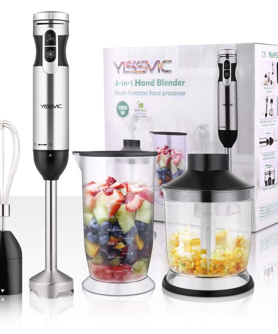 YISSVIC Hand Blender 1000W 700ml Immersion Blender 9 Speed Control, 4 In-1 Powerful Stick Blender, Chopper, Whisk, BPA-Free, 500ml Food Grinder for Sauces Smoothie Puree Infant Food