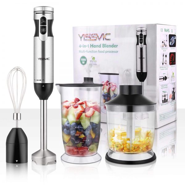 YISSVIC Hand Blender 1000W 700ml Immersion Blender 9 Speed Control, 4 In-1 Powerful Stick Blender, Chopper, Whisk, BPA-Free, 500ml Food Grinder for Sauces Smoothie Puree Infant Food