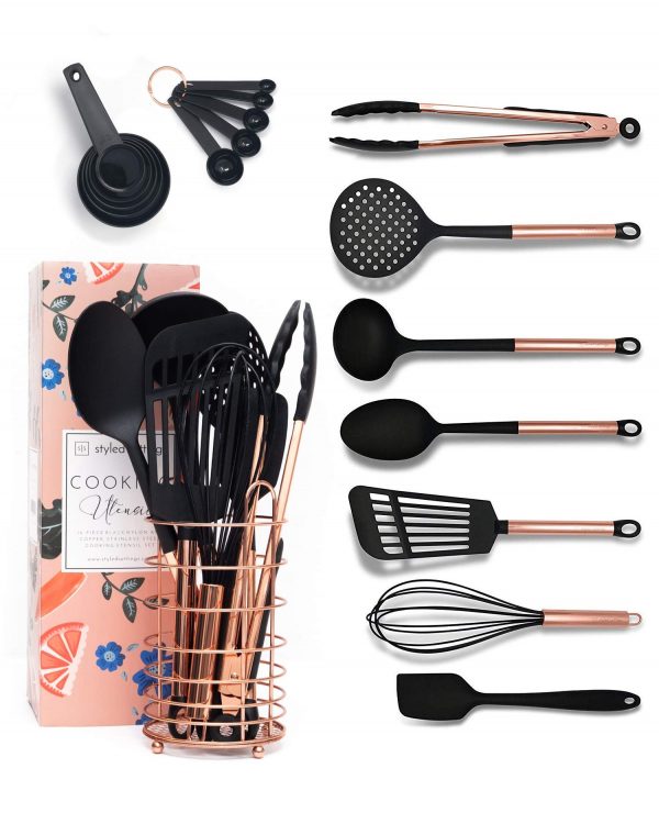 Black and Copper Cooking Utensils with Stainless Steel Copper Utensil Holder - 16-Piece Set Includes Black and Copper Measuring Spoons, Black and Copper Measuring Cups