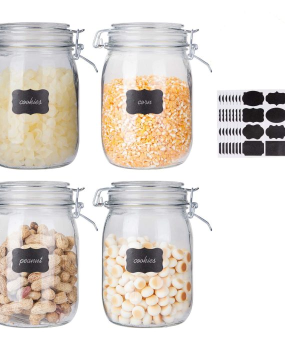 Glass Kitchen Storage Canister Mason Jars with Lids,32oz Airtight Glass Canister with Hinged Lid，Perfect for Kitchen Canning Cereal,Pasta,Sugar,Beans (Labels & Chalk Marker)-Set of 4