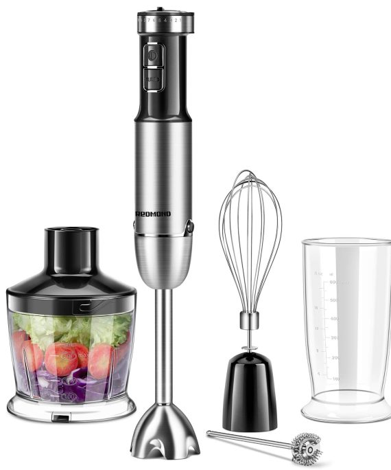 REDMOND 5-in-1 Immersion Hand Blender Multifunctional, 12 Speed Stainless Steel Immersion Stick Blender with Milk Frother, 500ml Chopper, Egg Whisk, 800ml Container, BPA-Free, Black, HB005