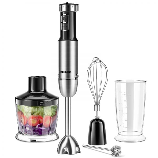 REDMOND 5-in-1 Immersion Hand Blender Multifunctional, 12 Speed Stainless Steel Immersion Stick Blender with Milk Frother, 500ml Chopper, Egg Whisk, 800ml Container, BPA-Free, Black, HB005