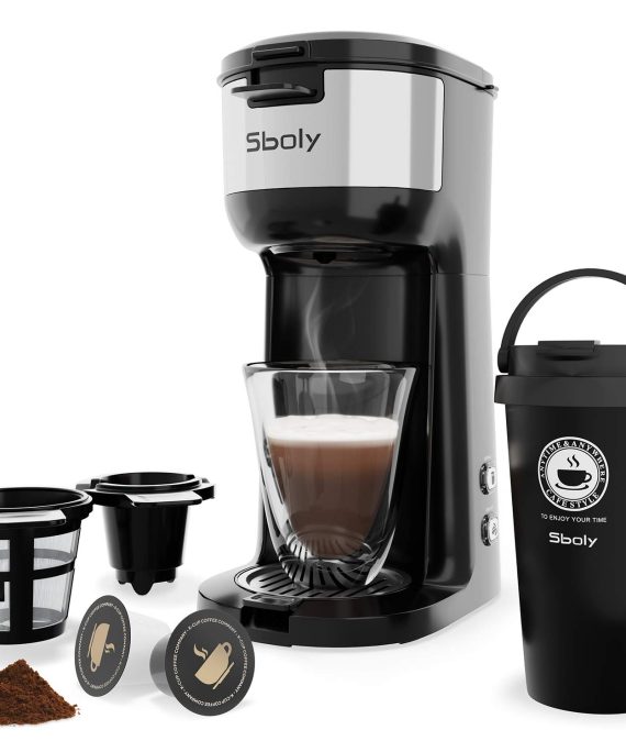 Sboly Single Serve Coffee Maker Machine with Thermal Mug, Compatible with K Cup Pod and Ground Coffee, 3 Mins Fast Brew Single Cup Coffee Makers Brewer, 6 to 14 Oz Brew Size