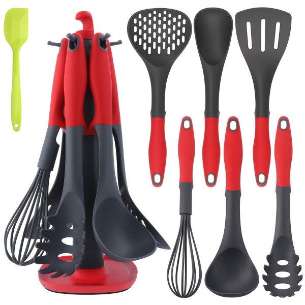 NOSKURA 7 PCS Kitchen Utensils for Cooking - Heat Resistance up to 410°F Non-Stick Cooking Utensils Set – BPA Free Non-Toxic Premium Quality Nylon Utensil Sets with Rotating Stand & Silicone Spatula