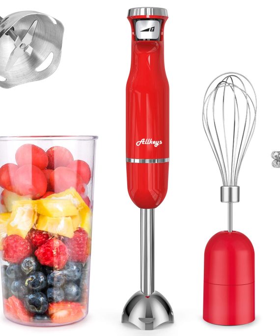 ALLKEYS 500W Immersion Hand Blender,3-in-1 Stainless Steel Stick Blender(Titanium Reinforced), Smart Stepless Speed, Includes 600ml Mixing Beaker / Whisk Attachment /Milk Frother, BPA-Free, Detachable