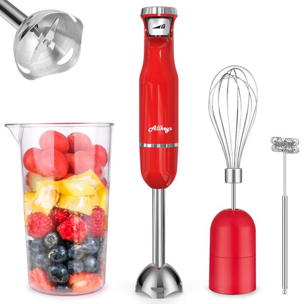 ALLKEYS 500W Immersion Hand Blender,3-in-1 Stainless Steel Stick Blender(Titanium Reinforced), Smart Stepless Speed, Includes 600ml Mixing Beaker / Whisk Attachment /Milk Frother, BPA-Free, Detachable