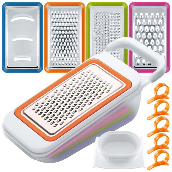 Fruit Vegetable Slicers Set with Orange Peelers, FineGood 4 Packs Multi-Functional Spiralizer Dicer Cutter Chopper Grater with Container for Kitchen, with 5 Citrus Skin Removers