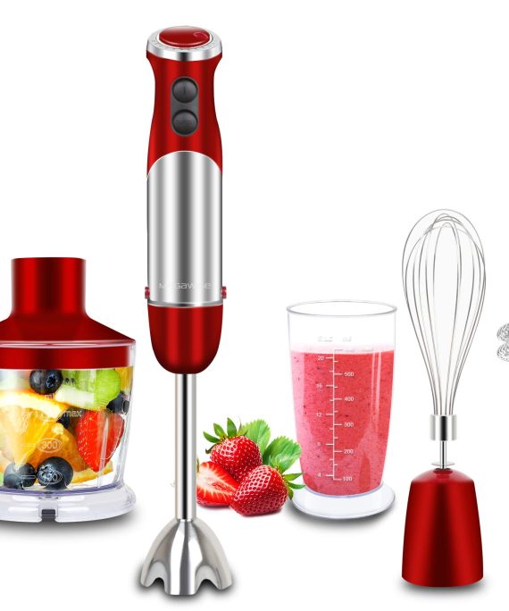 5-in-1 Immersion Hand Blender, MEGAWISE Powerful 800 Watt 12-Speed Stick Blender with Sturdy Titanium Plated Stainless Steel Blades, Including 500ml Chopper, 600ml Beaker, Whisk and Milk Frother Attachments, Dishwasher Safe and BPA-Free