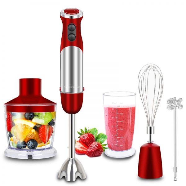 5-in-1 Immersion Hand Blender, MEGAWISE Powerful 800 Watt 12-Speed Stick Blender with Sturdy Titanium Plated Stainless Steel Blades, Including 500ml Chopper, 600ml Beaker, Whisk and Milk Frother Attachments, Dishwasher Safe and BPA-Free
