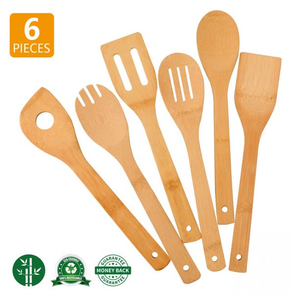 Zhuoyue Kitchen Cooking Utensils Set, 6 Pcs Bamboo Wooden Spoons & Spatula Kitchen Cooking Tools for Nonstick Cookware and Wok