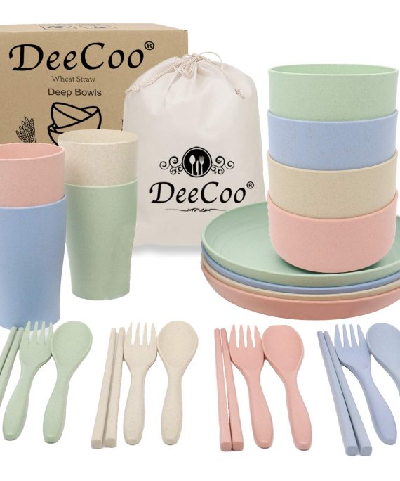 DeeCoo Wheat Straw Dinnerware Sets of 4 (24pcs), Unbreakable and Lightweight Serving Bowls, Cups, Plates, Chopsticks, Forks, Spoons Set, Microwave & Dishwasher Safe Dish Bowl for Kids or Picnics