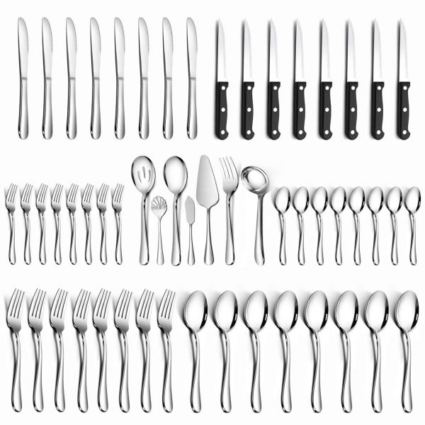 55-Piece Silverware Set with Serving Utensils and Steak Knife by Teivio, Flatware Set Mirror Polished, Dishwasher Safe Service for 8, Include Knife/Fork/Spoon